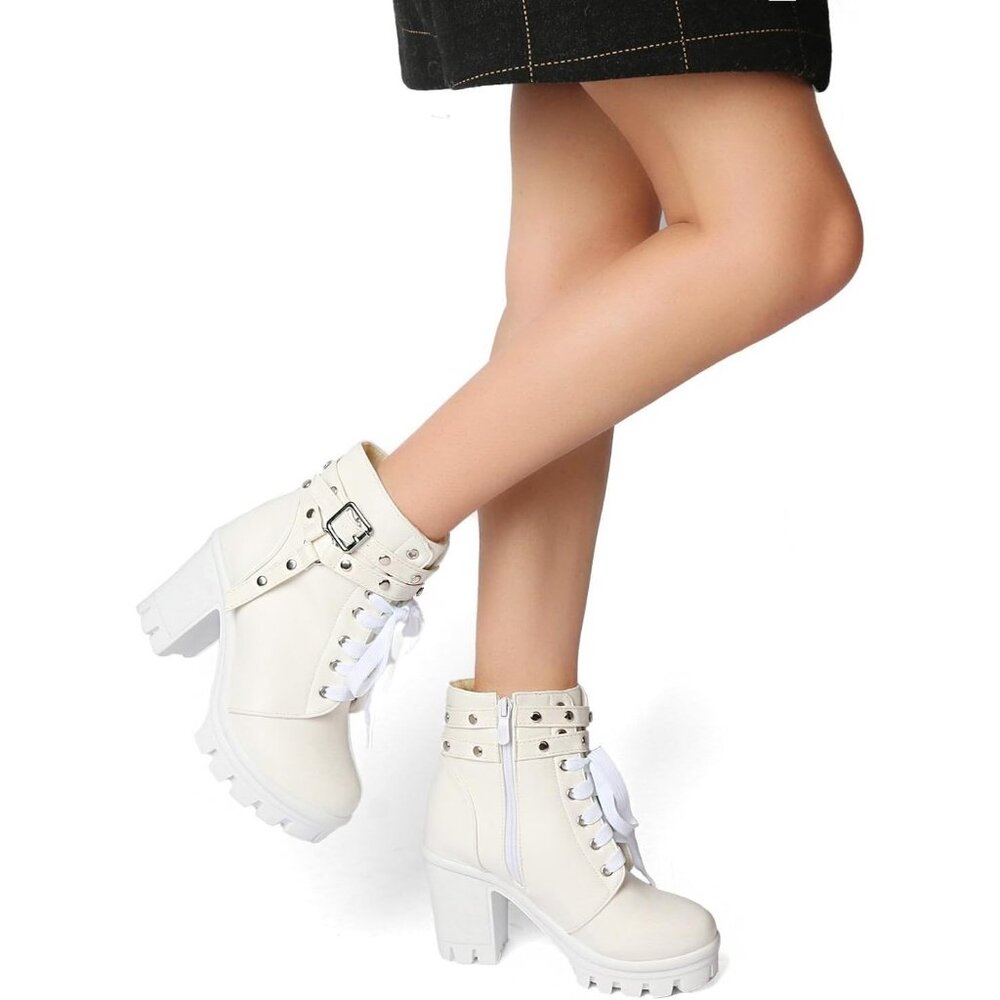 Meotina Women Chunky White Microfiber High Heel Rivets Platform Ankle Bootie - Picture 5 of 7